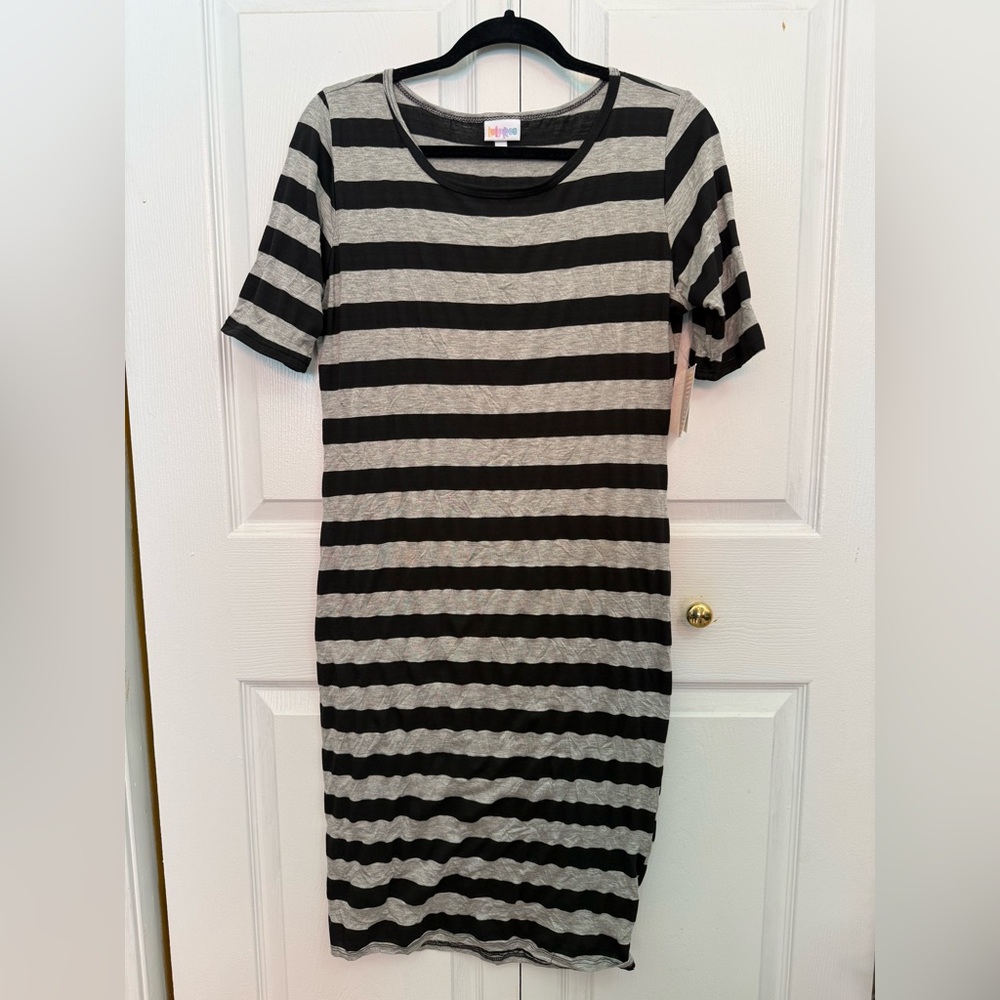LuLaRoe Julia Black/Gray Striped Midi Dress